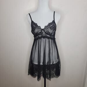 Womens Babydoll Sheer Dress Lace Size Large‎ Black Underwire Nightie Negligee L